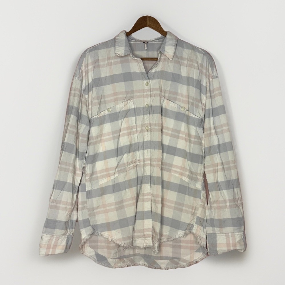 Free People Distressed Plaid Flannel Shirt Boho Grunge Raw Hem‎ Button Front M - Picture 2 of 5